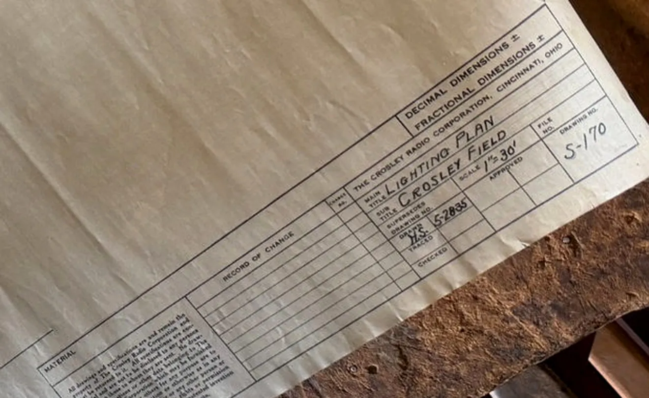 Close-up of the drawing title block reading Lighting Plan Crosley Field, The Crosley Radio Corporation, with a date that appears to read 5-28-35