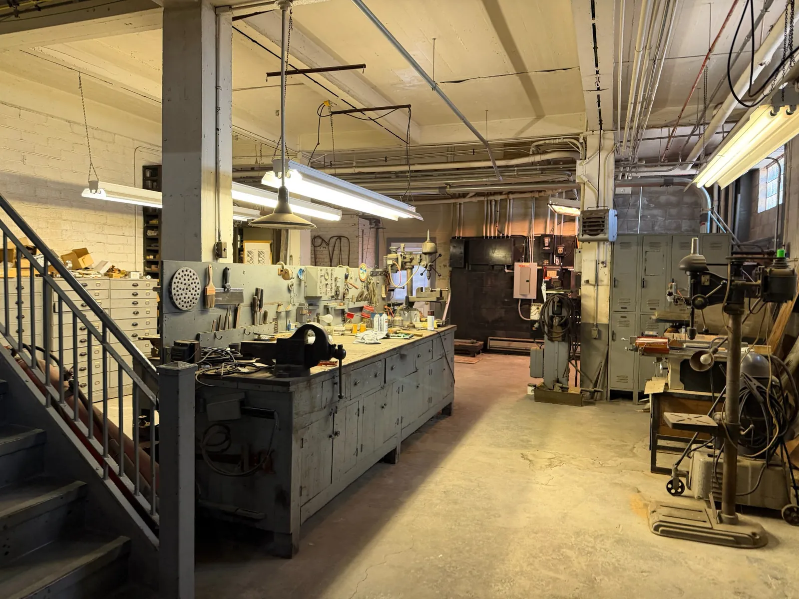 Historic engineering machine shop at the WLW transmitter building with metalworking tools and work benches